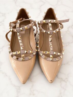 Pointed T-Strap Studded Flats in Beige and Taupe